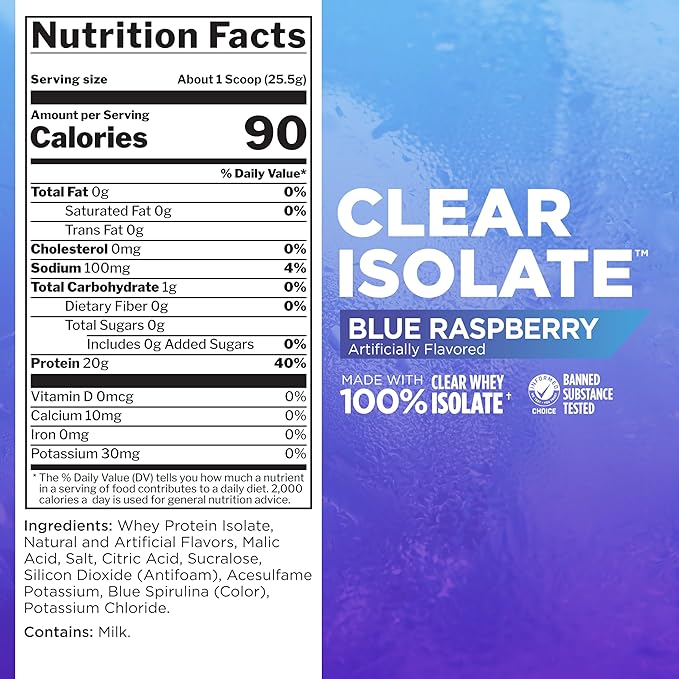 Rule One Proteins Clear Isolate - 20g All-whey Isolate Protein, Over 9g EAAs, 300mg of Electrolyte Minerals, 90 Calories, Light, Crisp, and Refreshing Taste (27 Servings, Blue Raspberry)