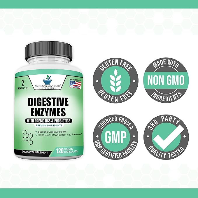 Digestive Enzymes Plus Probiotics & Prebiotics, 120 Veggie Capsules, For Digestion With Amylase, Bromelain, Papain, Lipase, Lactase, Protease, Papain, Cellulase, Vegan & Gluten Free, 2 Month Supply