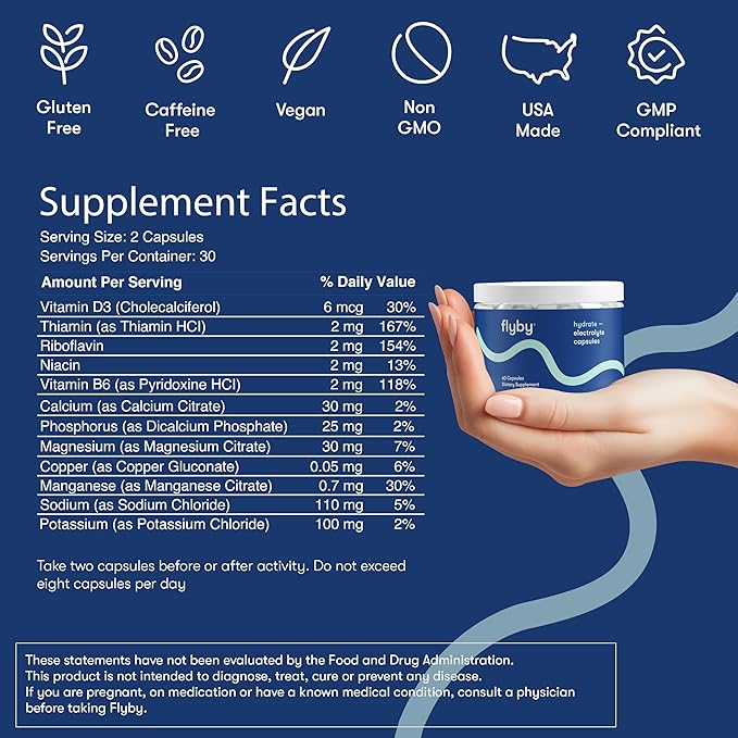 Flyby Electrolyte Capsule - Contains Sodium, Potassium, Vitamin D3, B Vitamins, Copper and Manganese | Electrolytes Recovery | Non-GMO | No Added Sugar – 60 Count