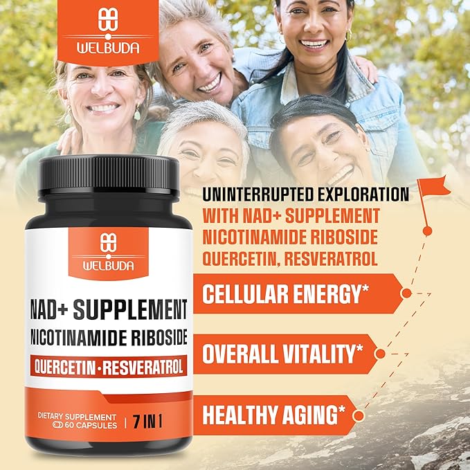 NAD+ Supplement with Nicotinamide Riboside Per Serving w/Resveratrol, Quercetin, Turmeric, Rhodiola Rosea, Vitamin D3 and Vitamin C - 60 Capsules