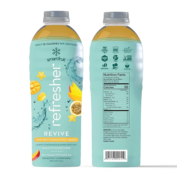 Revive Refresher - Star Fruit, Passion Fruit, Mango – Made with Real Fruit and No Added Sugar – Low Cal, Hydrating Coconut Water, and Natural Energy (48oz Bottle)
