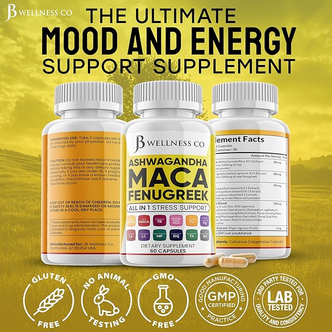 Ashwagandha Maca Root, Fenugreek Supplement with Tongkat Ali Ginseng - Assists with Mood & Thyroid Health - 60 Count