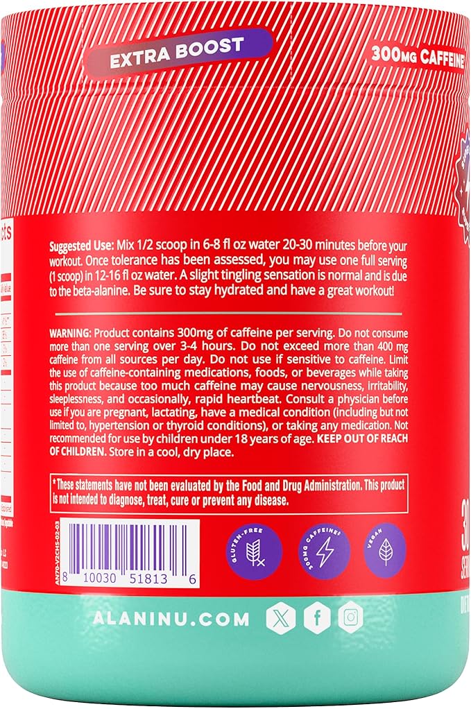 Alani Nu Pre Workout+ Powder Cherry Slush, Extra Boost, Sugar Free, 300mg Caffeine, L-Theanine, Beta-Alanine, Citrulline, 30 Servings