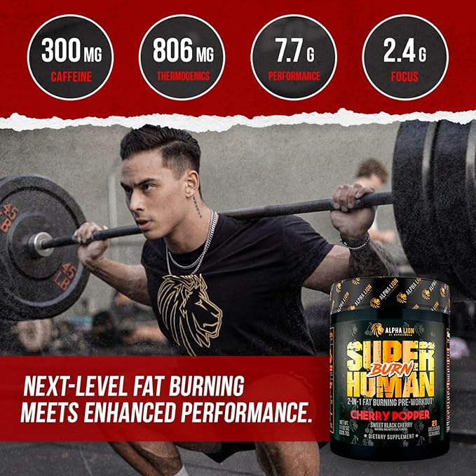 ALPHA LION Superhuman Burn – 2 in 1 Metabolism Booster Pre Workout and Thermogenic Fat Burner for Men – Appetite Suppressant and Weight Loss Supplement (21 Servings, Sweet Black Cherry Flavor)