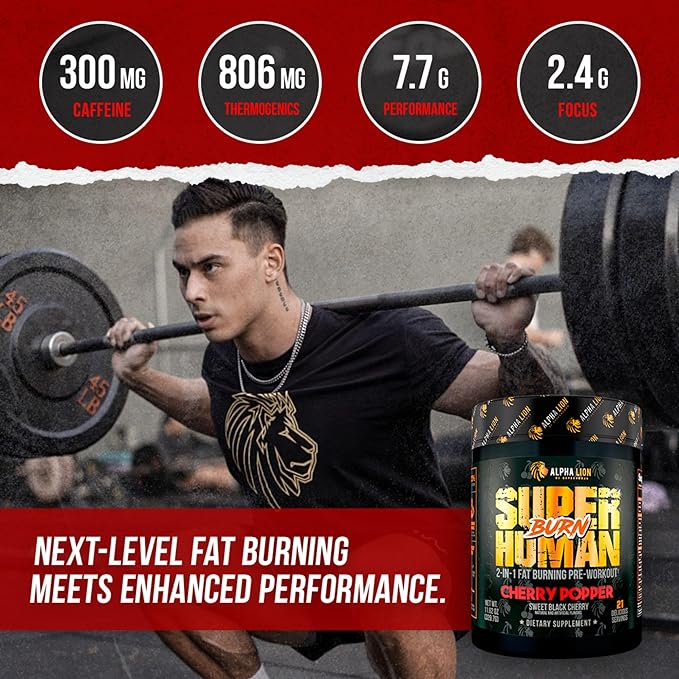 ALPHA LION Superhuman Burn – 2 in 1 Metabolism Booster Pre Workout and Thermogenic Fat Burner for Men – Appetite Suppressant and Weight Loss Supplement (21 Servings, Sweet Black Cherry Flavor)