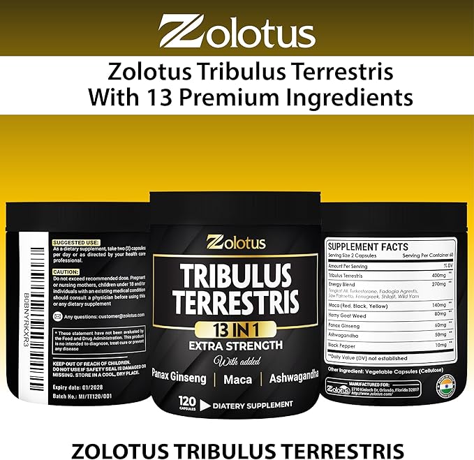 Zolotus 13in1 Tribulus Terrestris Capsules with Maca, Horny Goat Weed, Panax Ginseng, Saw Palmetto, Tongkat Ali, Shilajit & More - Energy, Stamina Supplement for Men & Women - 120 Counts