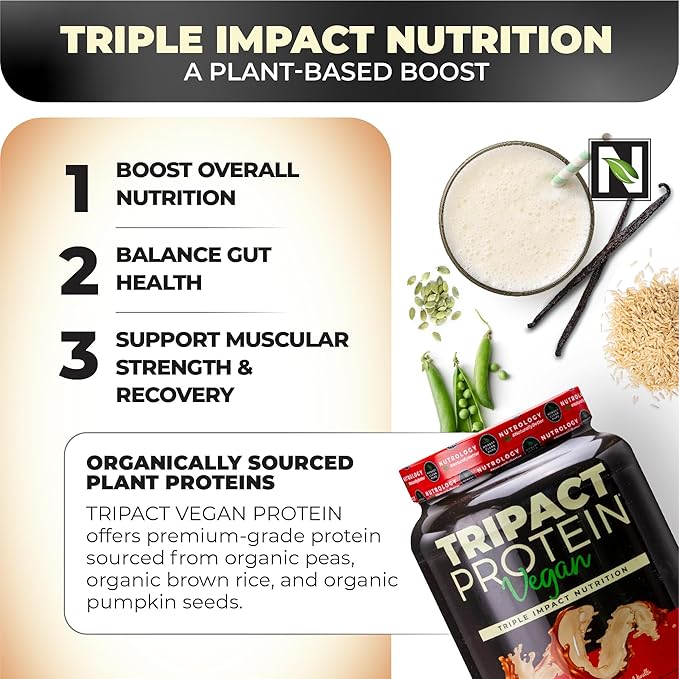 Nutrology TRIPACT Vegan Protein Powder - Vegan Meal Replacement Shakes with Organic Pea, Rice, & Pumpkin, Plant Based Protein Powder, BCAAs & Glutamine, Non-GMO, Peanut Butter & Vanilla, 20 Servings