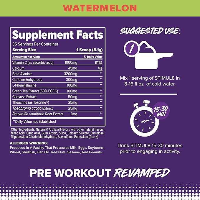 FINAFLEX STIMUL8 Original Pre-Workout, Watermelon - Energy, Strength & Endurance for Men & Women - with Caffeine, Beta-Alanine & Vitamin C - 35 Servings