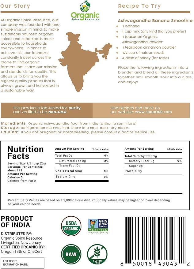 Organic Ashwagandha Root Powder -8 Ounce | Lab Tested for Purity | Resealable Kraft Bag,Non-GMO, Indian Ginseng, Withania Somnifera -100% Raw from India, by SHOPOSR (8 oz)