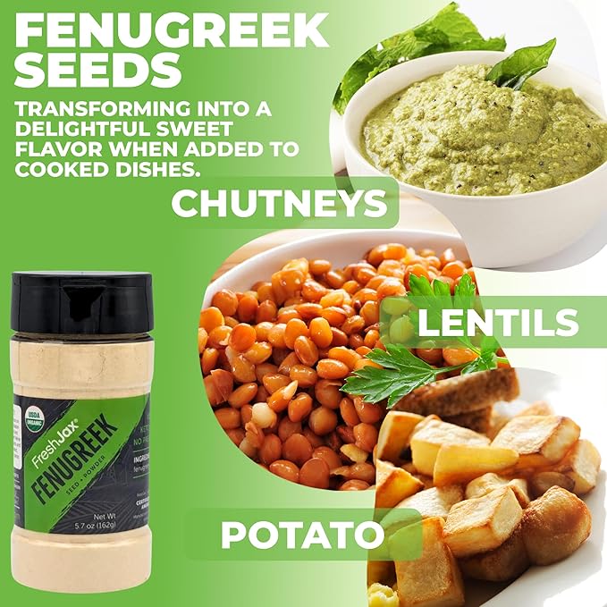 FreshJax Organic Fenugreek Seeds Powder (5.7 oz Bottle) Non GMO, Gluten Free, Keto, Paleo, No Preservatives, Non-Radiated Fenugreek Powder Organic Seasoning | Handcrafted in Jacksonville, Florida