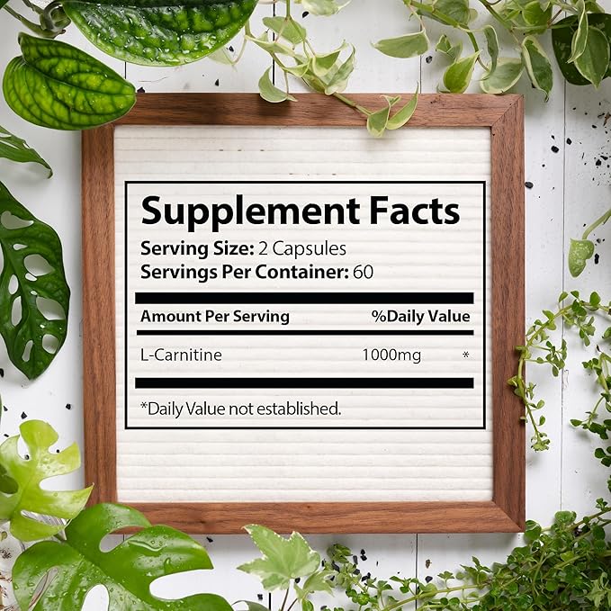 L Carnitine Supplement 1000 mg per Serving, 120 Vegetarian Capsules & Pure Form, 60 Servings