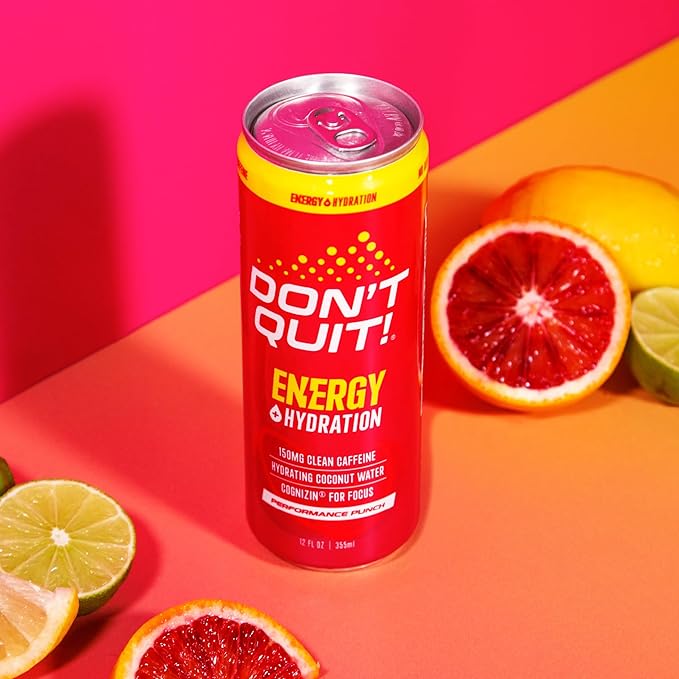 DON’T QUIT Clean Sports Energy Drink - 150 Milligrams of Natural Caffeine with Coconut Water and Electrolytes for Hydration and Cognizin® for Attention and Focus - (Performance Punch, 12 Pack)