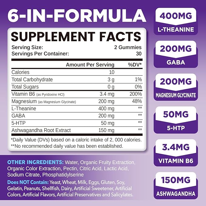 Liposomal L-Theanine Gummies for Adults & Kids, L Theanine 400mg/200mg Supplement with GABA, 5-HTP, Magnesium, Ashwagandha & Vitamin B6 for Focus, Relaxation & Zzz, Sugar-Free, Vegan, 60 Chewable