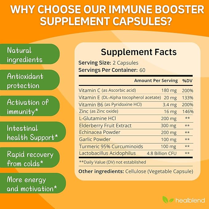 10 in 1 Immune Support Supplement Booster with Elderberry, Zinc, Echinacea, Turmeric, Lactobacillus Acidophilus, for Adults (3 Pack)
