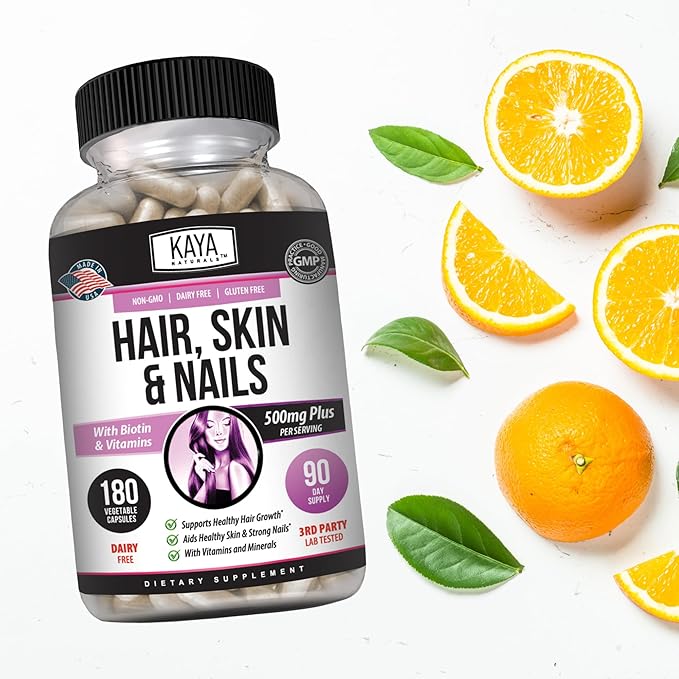 Kaya Naturals Hair Skin Nail Capsules BIOTIN Vitamin D Vitamin B-12 A Folic Acid Support, Hair Support Vitamin Supplement - 180 Count