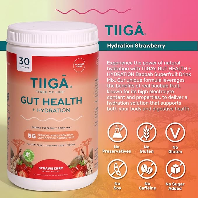 Tiiga 2-in-1 Gut Health + Hydration Drink Mix – Natural Debloat Formula with 75%+ Baobab & Coconut Water. High in Antioxidants, Prebiotics, Zero Added Sugar, Supports Digestion, Energy & Helps Debloat