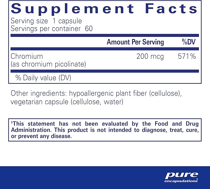 Pure Encapsulations Chromium (Picolinate) 200 mcg | Hypoallergenic Supplement for Healthy Lipid and Carbohydrate Metabolism Support* | 60 Capsules