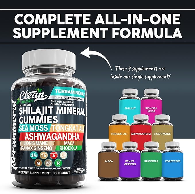 Terramineral Shilajit Gummies with Irish Sea Moss Tongkat Ali Ashwagandha Lion's Mane MACA Panax Ginseng Rhodiola & Cordyceps by Clean Nutra (1)