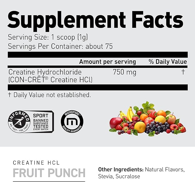 Kaged Creatine HCl Powder, Fruit Punch, Supports Muscle Growth and Recovery, Patented Creatine Hydrochloride Formula, Easy Digestion and Enhanced Muscle Absorption, 75 Servings
