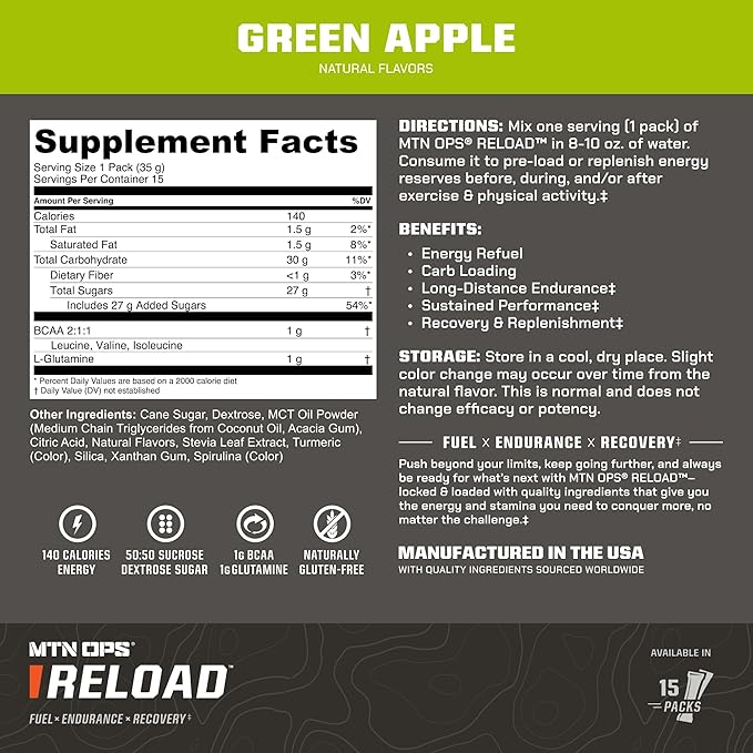 MTN OPS Reload Ready-to-Mix Carb Mix, 30g Fast-Digesting Carbohydrates, MCT Oil Powder & BCAAs, Energy & Endurance, Single-Serve Stick Packs, 15 Servings, Green Apple
