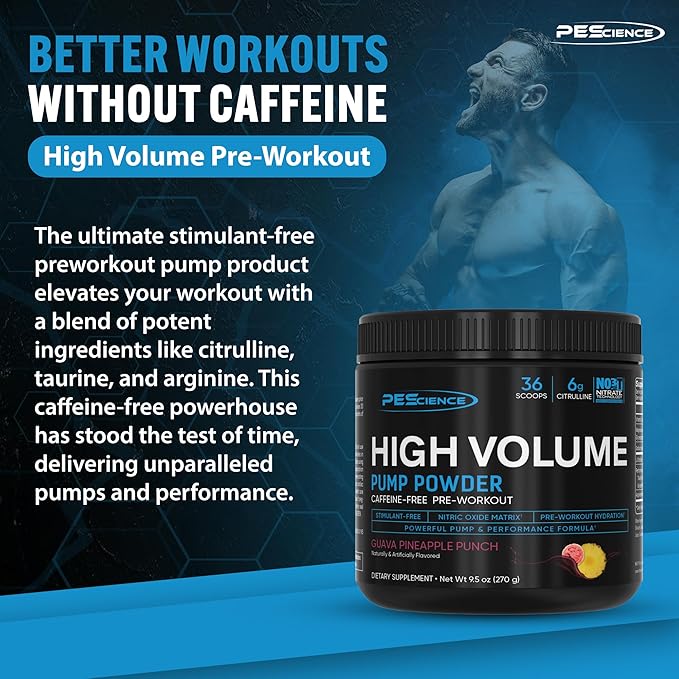 PEScience High Volume Stim-Free Pre Workout, Nitric Oxide Booster with L Citrulline & L Arginine Nitrate, Non-Stim Preworkout for Men and Women, 36 Scoops, Guava Pineapple Punch