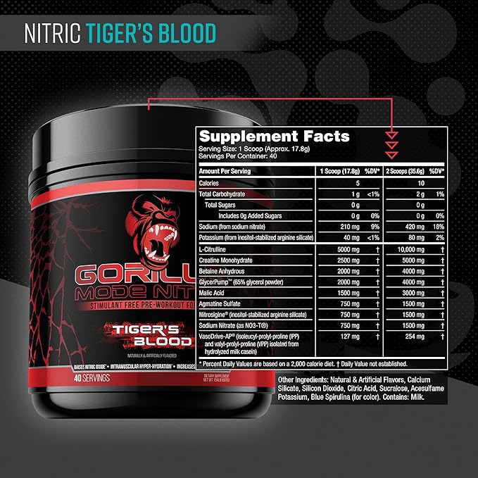 Gorilla Mode Nitric Upgraded Stimulant Free Pre-Workout – Best Tasting and Most Effective Stimulant Free Pre-Workout/Massive Pumps · Vasodilation · Power / 784 Grams (Tigers Blood)