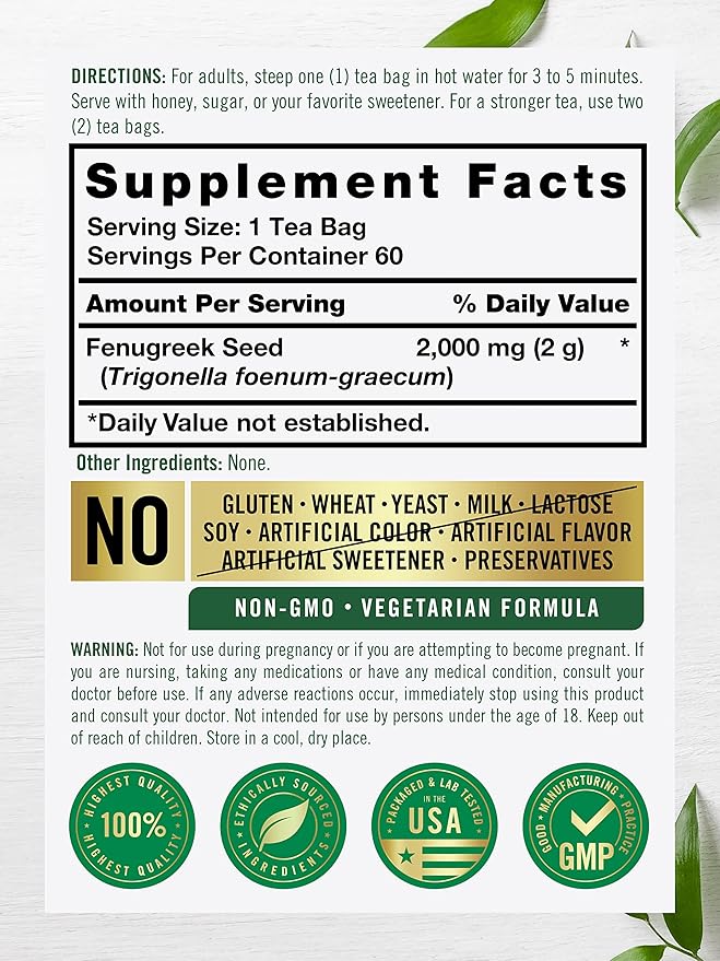 Carlyle Fenugreek Seed Tea | 60 Tea Bags | No Caffeine | Vegetarian, Non-GMO & Gluten Free Herbal Tea Supplement