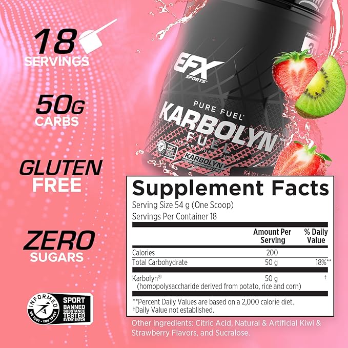 EFX Sports Karbolyn Fuel | Fast-Absorbing Carbohydrate Powder | Carb Load, Sustained Energy, Quick Recovery | Stimulant Free | 18 Servings (Kiwi Strawberry)