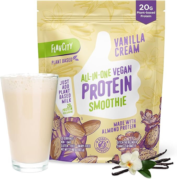 FlavCity Vegan Protein Powder - Vanilla Smoothie - 20g Almond, Plant Based Protein Powder - Dairy-Free Shake - with Organic Fruit, Reishi & Cordecyps Mushrooms - No Blender Needed (15 Servings)