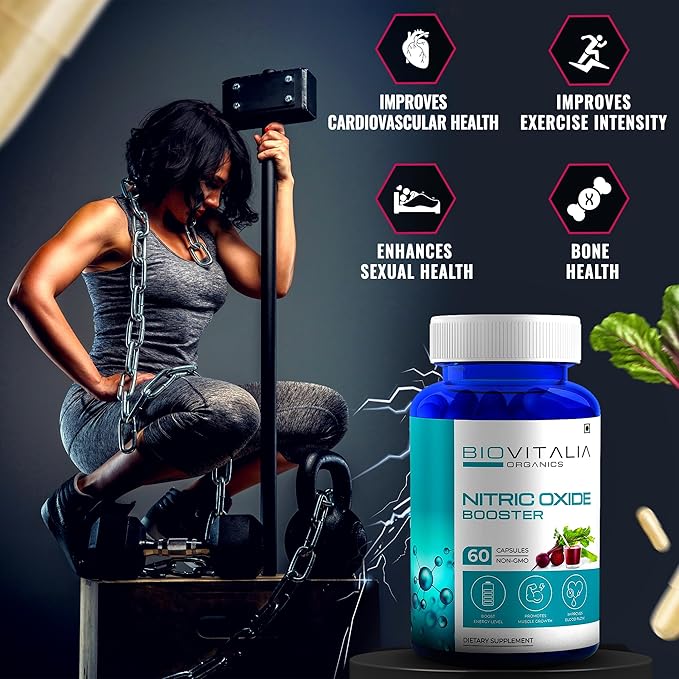 Biovitalia Nitric Oxide Booster Capsule L-Arginine Capsule Beetroot Supplement for Men & Women | Promote Blood Flow & Pre Workout Muscle Pump for Bodybuilding - 60 Vegan Capsules