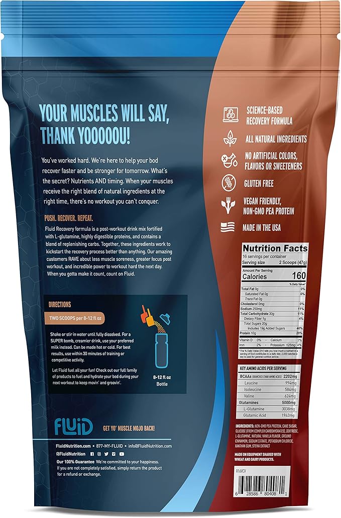 Fluid Recovery, Post-Workout Drink Mix, Pea Protein, L-Glutamine, Carbs, All Natural Ingredients, Gluten-Free, Lactose-Free (Cinnamon Vanilla (Vegan))