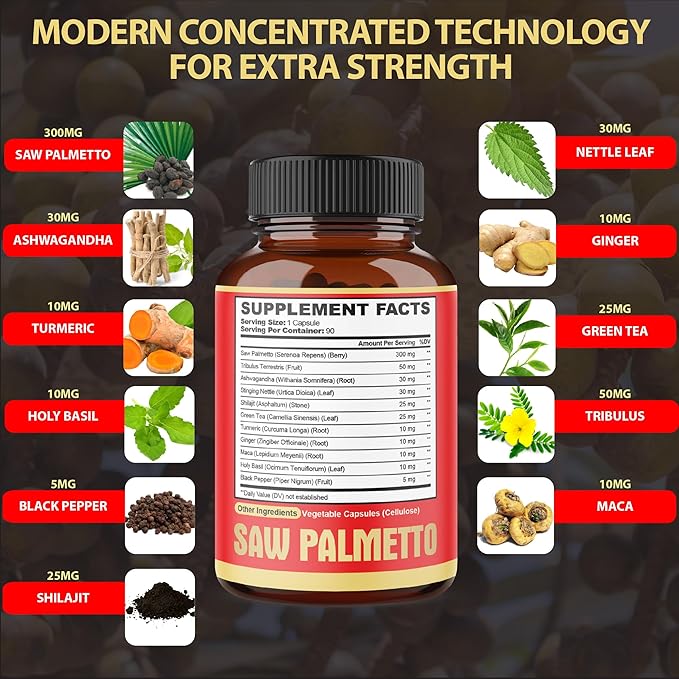 Premium Saw Palmetto Capsules - Combined with Ashwagandha, Turmeric, Tribulus, Maca, Green Tea, Ginger, Holy Basil & More - Natural Prostate Support - 90 Capsules 3-Month Supply
