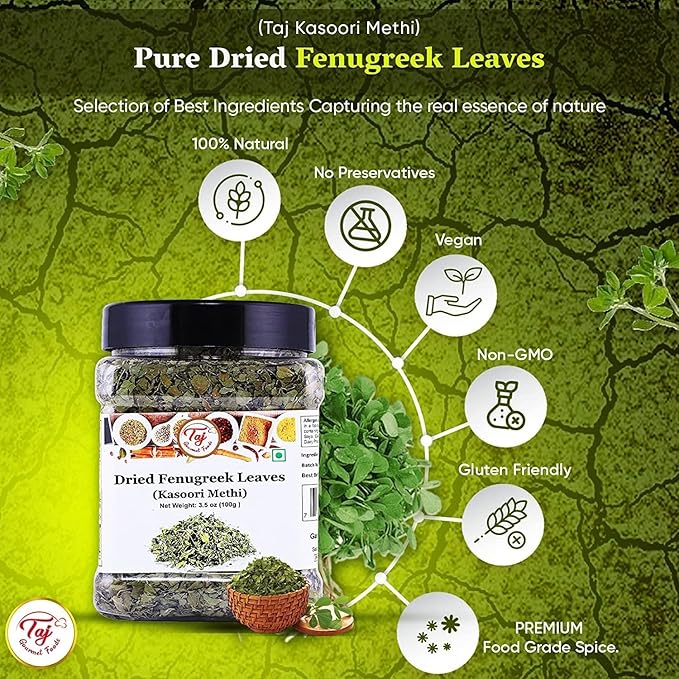 TAJ Kasoori Methi, Dried Fenugreek Leaves Pouch | 1 Pound Bulk Pack