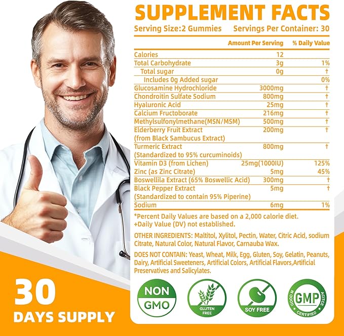 Glucosamine Chondroitin Gummies with MSM & Elderberry Extra Strength - Joint Support, Antioxidant Immune Support Supplement for Adults, Men & Women.60 Orange Chews