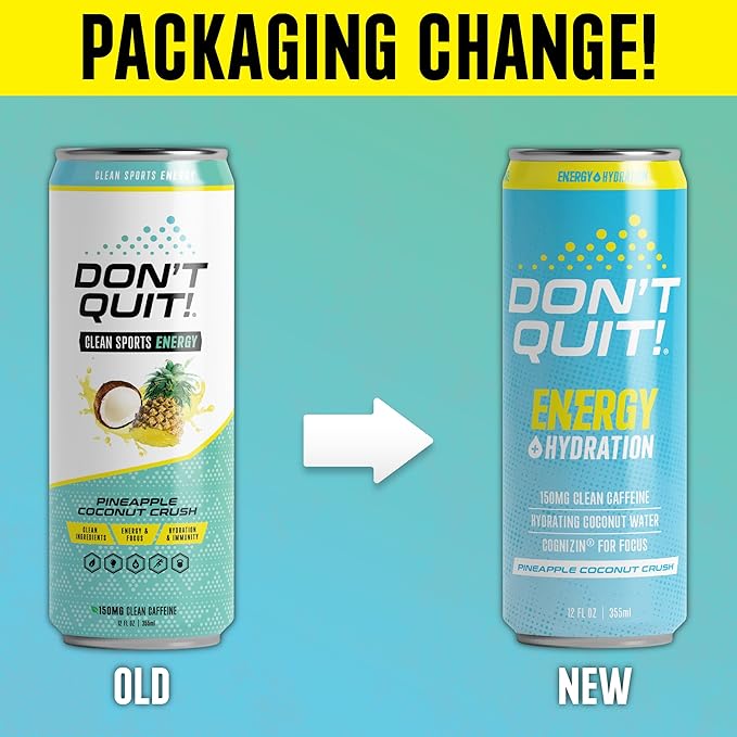 DON’T QUIT Clean Sports Energy Drink - 150 Milligrams of Natural Caffeine with Coconut Water and Electrolytes for Hydration and Cognizin® for Attention and Focus - (Pineapple Coconut Crush, 12 Pack)