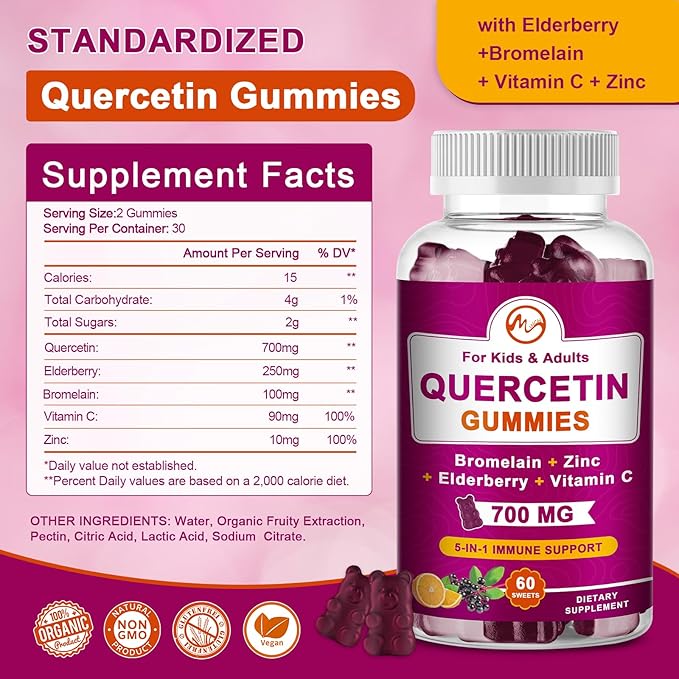 Quercetin Gummies with Bromelain, Elderberry, Zinc and Vitamin C - Chewable Quercetin 700 mg Supplement for Immunity, Allergy, Antioxidant Support - Vegan Gummies, 60 Gummies
