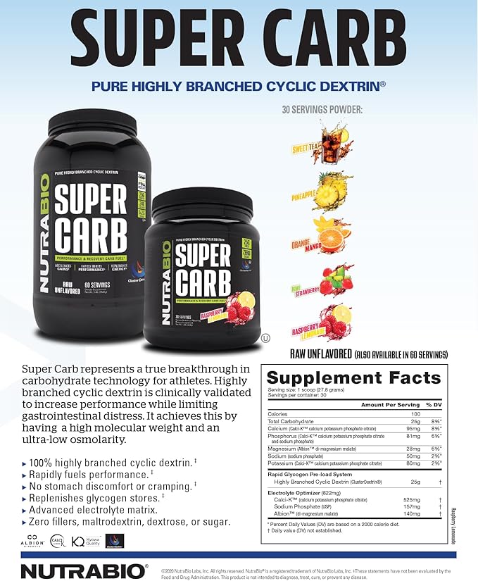 NutraBio Super Carb - Complex Carbohydrate Supplement Powder - Cluster Dextrin and Electrolytes for Performance Enhancement & Muscle Recovery - Raspberry Lemonade, 30 Servings