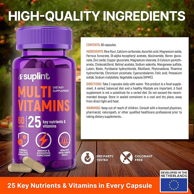 Multivitamin Supplement | Complex with Vitamin A, C, D, E, K1, B, Zinc & Chromium | Hair, Skin & Nail Beauty Vitamins | Immune Support Supplements for Men & Women | 60 Capsules