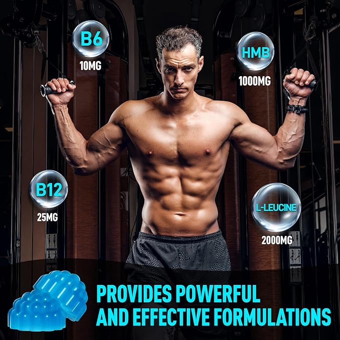HMB and L-Leucine Gummies, HMB and Leucine Amino Acid Supplements for Men & Women, Muscle Mass & Strength, Muscle Recovery & Health, Sugar-Free, Vegan, Blueberry Flavor, 60 Count