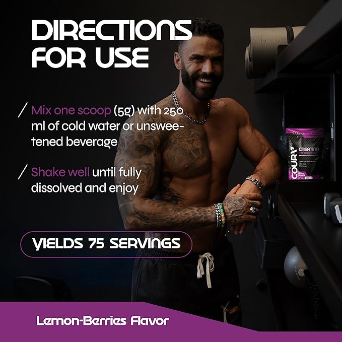 COURA Creatine Monohydrate Lemon-Berries Flavor - 450g - Sports Supplement - Strength and Endurance - Ideal for Intense Workouts - Gluten Free - Bottle Free