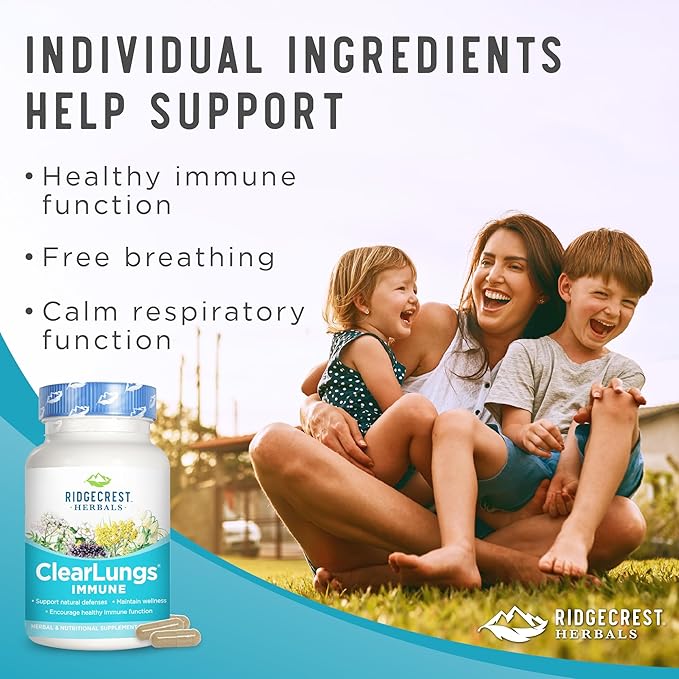 Ridgecrest Herbals ClearLungs Immune, Lung Support Supplement with Mullein, Elderberry, Zinc, Vitamin C, Vitamin A, Olive Leaf (60 Caps, 30 Serv)