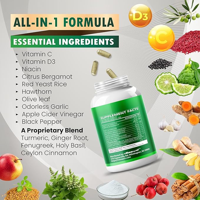 Citrus Bergamot Supplement - 15-in-1 Natural Blend with Red Yeast Rice Hawthorn Olive Leaf Odorless Garlic Turmeric Ginger Fenugreek - 150 Count - Made & Tested in The USA
