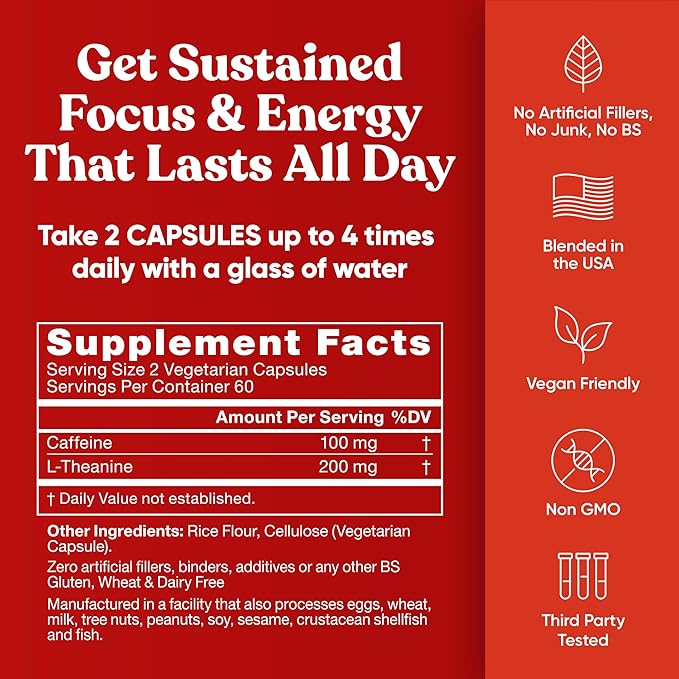 Elite Caffeine Pills with L-Theanine – Jitter-Free Focused Energy Supplements – Clean & Natural Nootropic Stack for Smart Cognitive Performance – 120 Soft Capsules