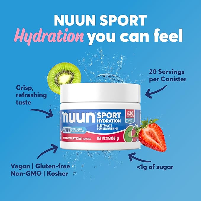 Nuun Sport Electrolyte Powder Drink Mix with Magnesium, Calcium, Potassium, Chloride, and Sodium, Strawberry Kiwi Flavor, Gluten Free & Vegan, Up to 20 Servings