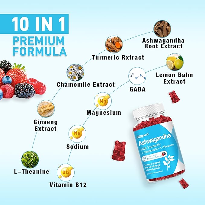Ashwagandha Gummies with L-theanine, Ashwa Root Supplement Gummy for Women Men, 60 Mixed Berry Flavored Gummies
