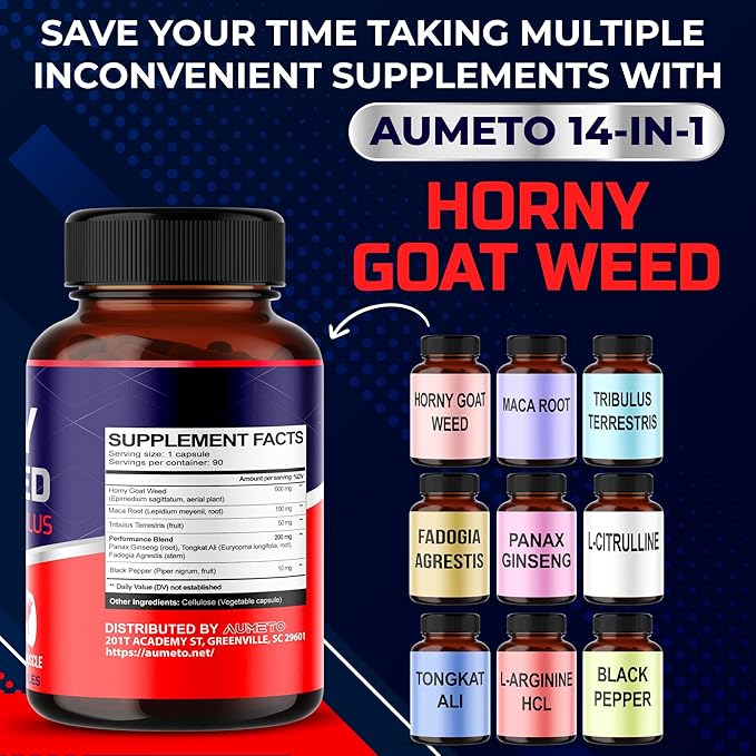Horny Goat Weed Supplement with L-Arginine Tribulus Terrestris Maca Root Tongkat Ali - Male Energy, Strength and Memory Support (90 Count (Pack of 1))