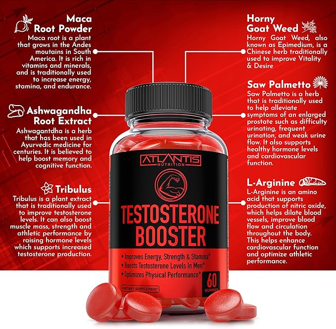 Atlantis Nutrition Testosterone Booster Gummies For Men - Enhances Strength & Stamina - Optimizes Performance & Male Enhancement - Made With Tribulus, Horny Goat Weed, Maca Root | 2-Pack (120 Gummies)