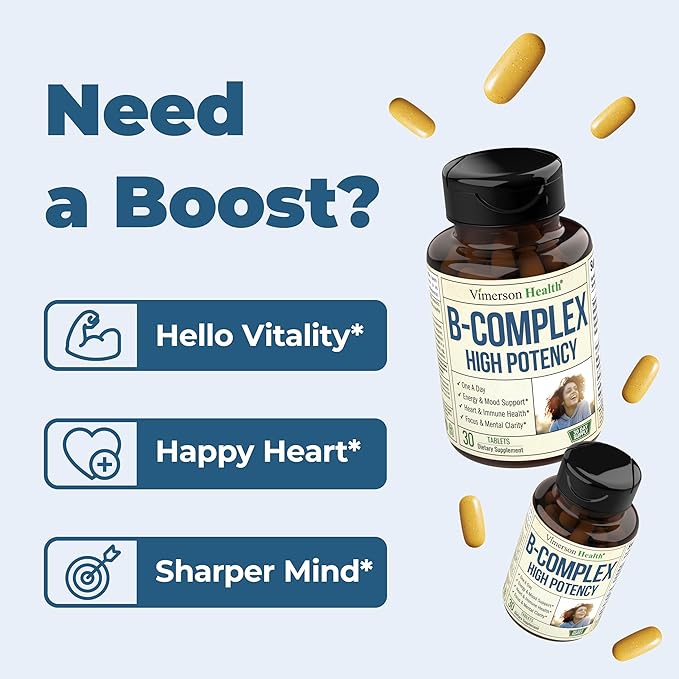 Vitamin B Complex with Vitamin B12, Niacin, Vitamin B2, Vitamin B6, Folic Acid 400mcg. B Complex Vitamins for Women & Men. Aids Mood, Energy, Nervous System & Immune Support. High Potency. One a Day