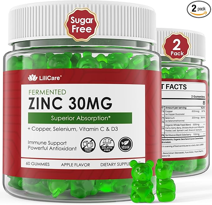 Zinc Gummies + Copper, Selenium, Vitamin C & D3, Fermented Zinc Supplements for Women and Men with Elderberry for Daily Immune Support, Powerful Antioxidant, High Absorption, Vegan, Sugar Free, 2 Pack