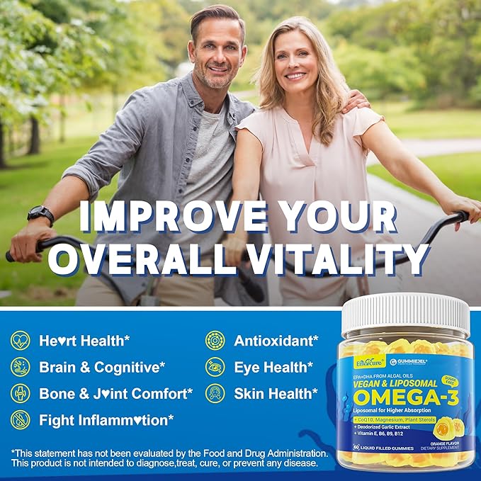 Vegan Omega-3 Gummies 1000mg +CoQ10+Magnesium- EPA 600mg & DHA 400mg, Fish Oil Omega 3 Supplements Alternative for Women Men- Liposomal Algae- Plant Sterols, Deodorized Garlic, B6,B9, B12, Sugar Free